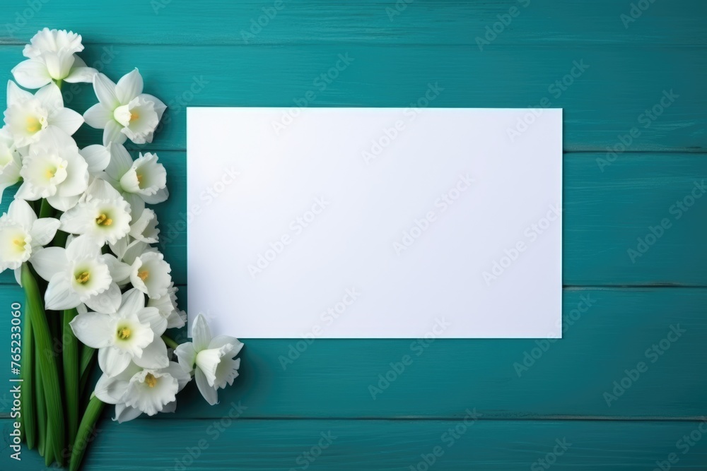 Wall mural a creative flat lay composition featuring white narcissus flowers beside a blank paper on a teal woo