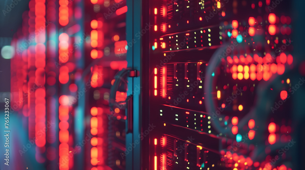 Aufkleber an advanced technology datacenter illuminated in blue and red, showcasing modern computing infrastru