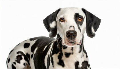Dalmatian dog - Canis lupus familiaris - medium large breed of domestic animal common in america associated with fire truck and firehouses.  isolated on white background looking at camera