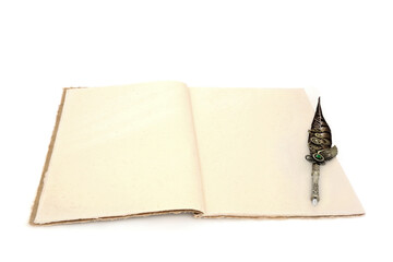Hemp notebook with old retro feather quill pen on white background. Old fashioned letter, document,...
