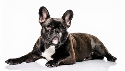 French Bulldog frenchie - Canis lupus familiaris - cute adorable grey color young adult isolated on white background laying on floor looking at camera front face view