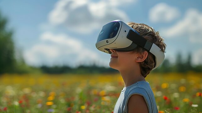 A young boy wearing a virtual reality headset is looking up at the sky. Concept of wonder and excitement as the boy explores the virtual world