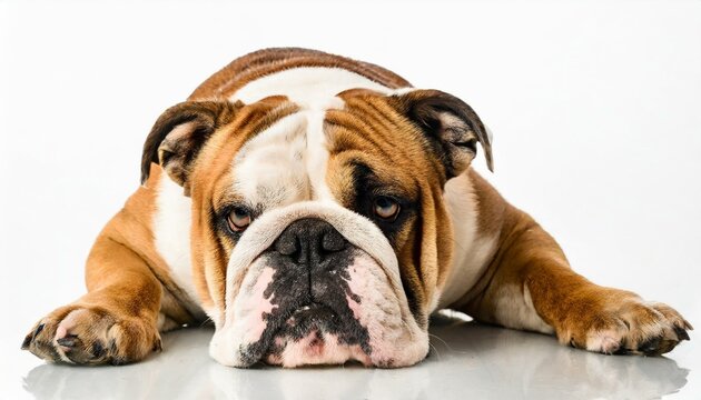 English Bulldog - Canis lupus familiaris - large stocky breed of domestic animal brown and white colors with droopy jowls isolated on white background sad face