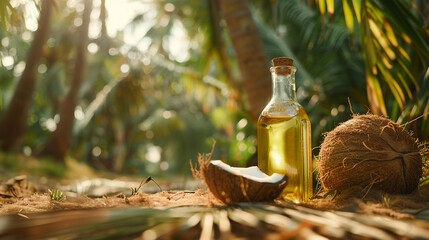 Coconut oil bottle amidst coconut plantation - obrazy, fototapety, plakaty