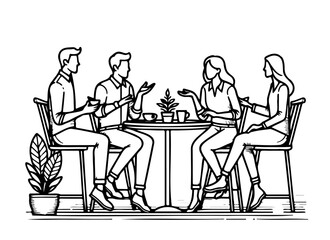 Fototapeta premium Modern, linear vector illustration of diverse people gathered around a table, a discussion