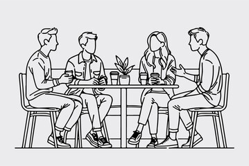 Modern, linear vector illustration of diverse people gathered around a table, a discussion
