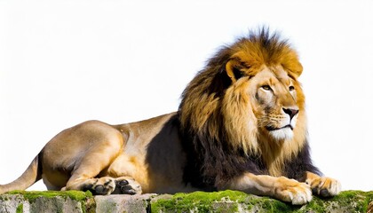 view of an adult male Lion - Panthera Leo - laying down and looking away to the right from the camera, isolated on white background