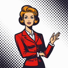 A confident woman speaks. Illustration in a bold Pop Art style. Perfect for education, coaching, business, themes.