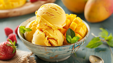 Delectable mango ice cream tub ready to savor.