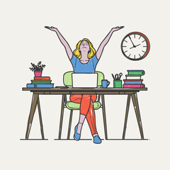 Modern linear vector illustration of a happy freelancer working productively at a home desk.