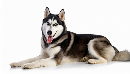 Naklejka na ściany i meble Large adult Siberian Husky dog - Canis Lupus familiaris - isolated on white background laying down looking at camera while panting with tongue out