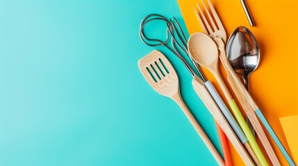 Wooden utensils and metal straws displayed on a colorful background, promoting a zero waste