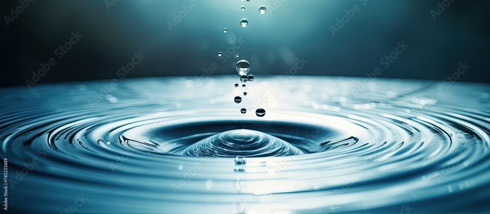 Poster a single drop of liquid water is descending into a pool of aqua, creating ripples in the fluid circl