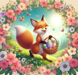 Obraz na płótnie Canvas fox with eggs basket Easter illustration