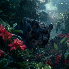 Fotobehang black panther in the middle, jungle, cloudy day, vibrant flowers © Krzysztof