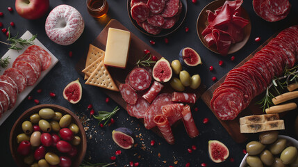 Charcuterie board with salami and olives