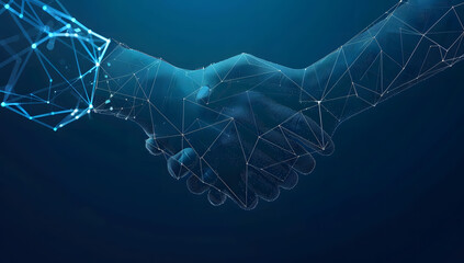 Handshake made of digital connections on a dark blue background. Symbolizing technology and business trust in the era of blockchain and AI for a new virtual connection.