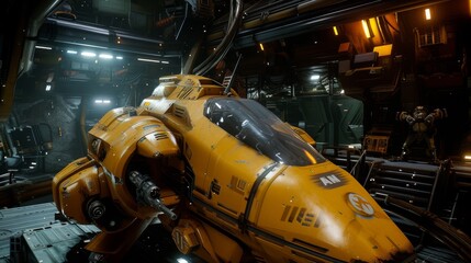 A detailed 3D render of a futuristic yellow mech in a maintenance bay with complex machinery and engineers at work, perfect for gaming concepts