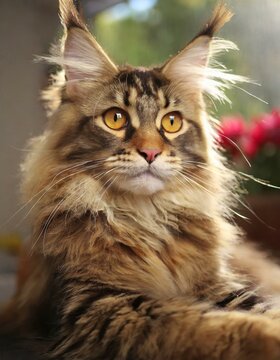Portrait of domestic Maine Coon kitten - 7 months old. Cute young cat sitting in front and looking at camera. Curious young striped tabby kitty