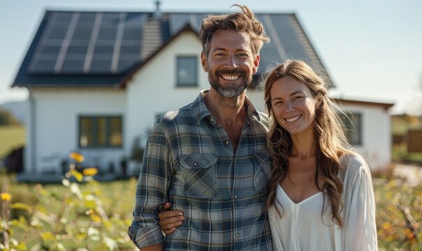 Happy modern married couple is standing in front of their modern house with photovoltaics on the roof