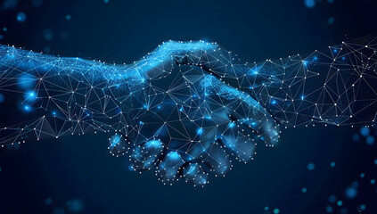Handshake made of digital connections on a dark blue background. Symbolizing technology and business trust in the era of blockchain and AI for a new virtual connection.