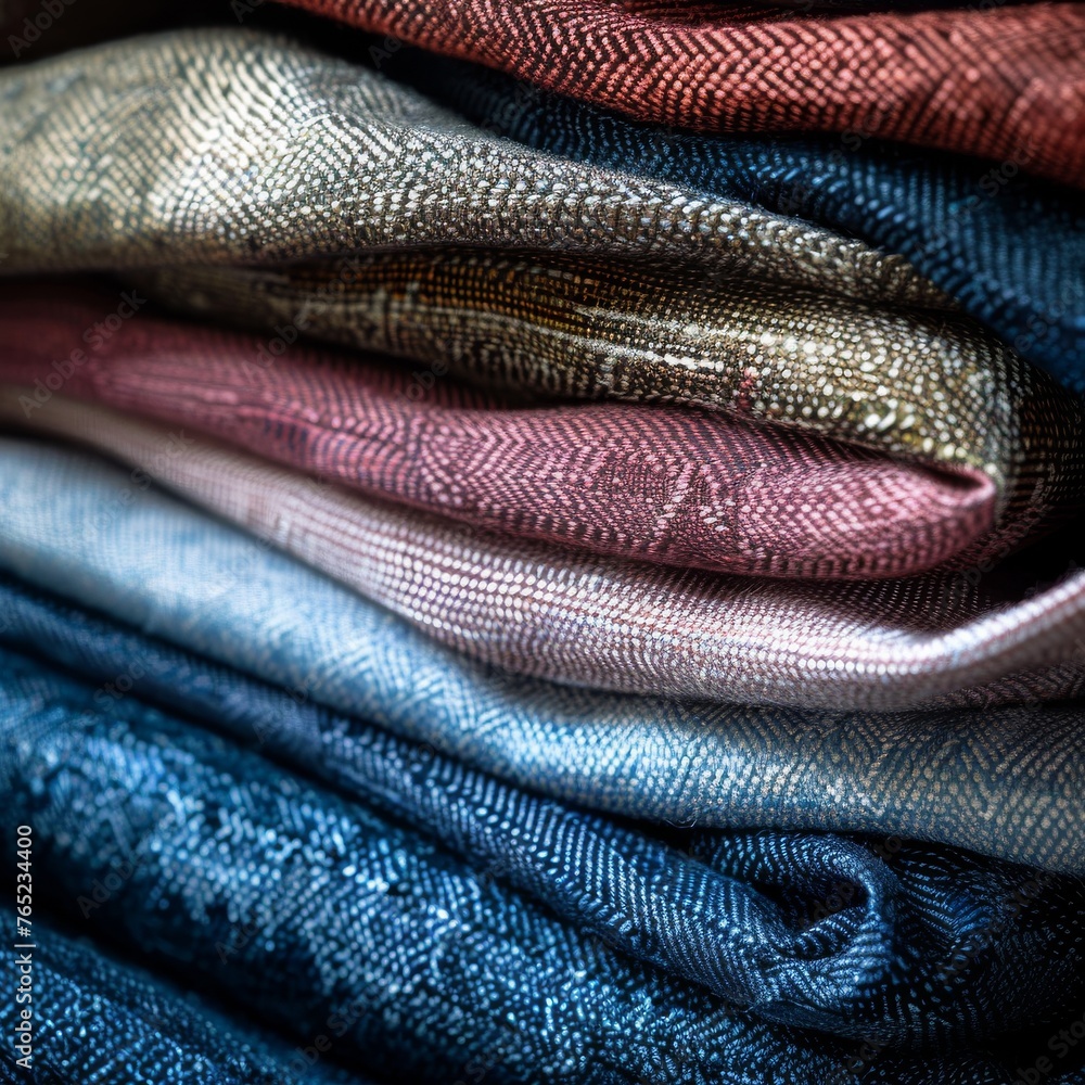 Poster this vibrant stock image showcases a stack of assorted colorful fabrics, highlighting their varied t