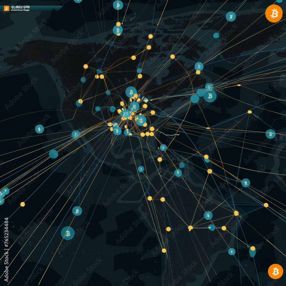 Poster this image presents a dynamic visualization of the bitcoin network, with blue and orange nodes radia