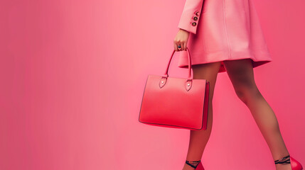 Fashionable woman balances handbag with poised legs. - obrazy, fototapety, plakaty