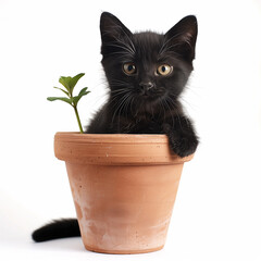  A black kitten sitting in a ceramic flower pot