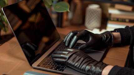 Hands wearing black gloves manipulate the laptop with precision.