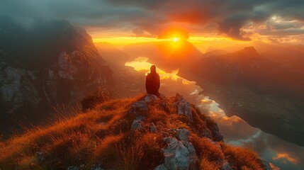 Person enjoys stunning sunset view from mountain peak