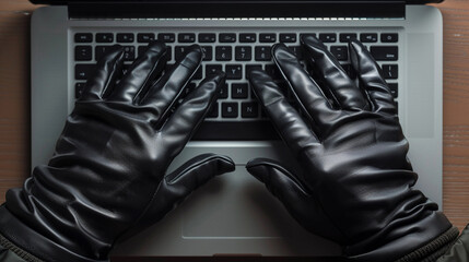 Persons hands clad in black gloves navigate laptop keyboard. - obrazy, fototapety, plakaty