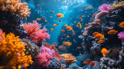 Naklejka na ściany i meble Underwater coastal ecosystem with vibrant coral reefs and electric blue fish
