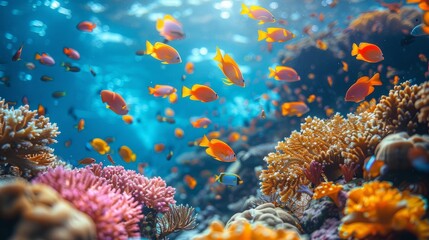 Underwater ecosystem with diverse fish and vibrant corals in the ocean