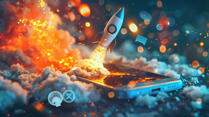 Rocket takes flight from smartphone surrounded by social media icons. Flames engulf laptop in fiery scene.