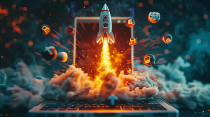 Rocket takes flight from smartphone surrounded by social media icons. Flames engulf laptop in fiery scene.