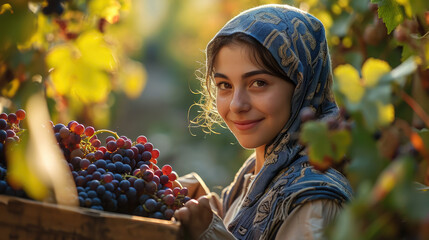 smiling Italian young woman in a headscarf holds a bunch of grapes in her hand, viticulture, wine, harvest, summer, garden, girl, portrait, winemaking, greens, emotional face - obrazy, fototapety, plakaty