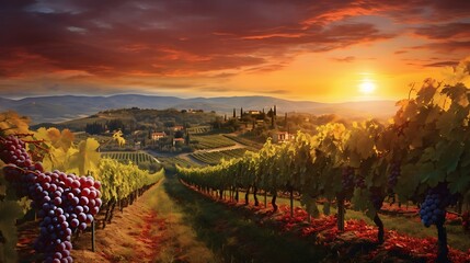 An awe-inspiring vista of Tuscany's vineyard, where endless rows of grapevines stretch across rolling hills under the golden glow of the setting sun, painting a picturesque scene of rustic beauty - obrazy, fototapety, plakaty