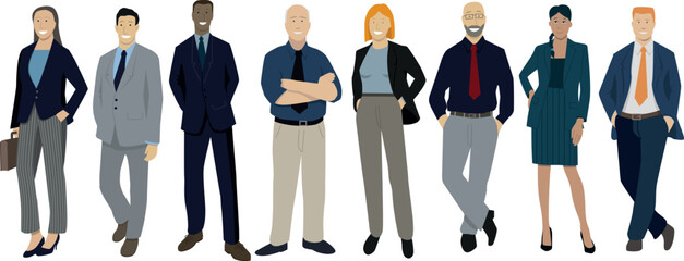 illustration représentant une équipe au travail, des personnages de races différentes, d'âges différents, hommes ou femmes d'affaires, employés de bureau avec au centre le patron, le manager.	