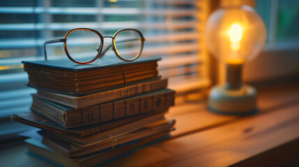 education a stack of books and a pair of glasses on a cozy reading nook, symbolizing the pursuit of knowledge and personal growth, warm and inviting atmosphere, soft ambient light, with a focus on lea - obrazy, fototapety, plakaty