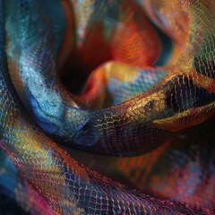 Macro shot of a colorful silk fabric, highlighting the intricate textures and vibrant interplay of colors.