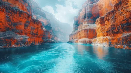 Foto auf Leinwand Electric blue water flows through a canyon in a natural landscape of mountains © yuchen