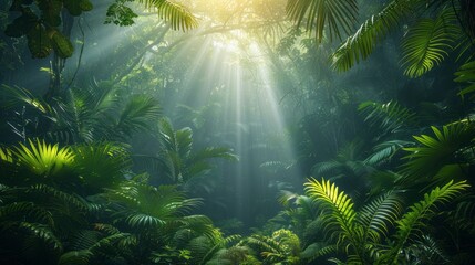 Sunlight filters through jungle trees, illuminating the vibrant green landscape