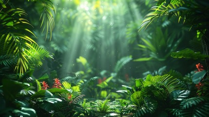 Sunlight filters through jungle foliage creating a vibrant natural landscape