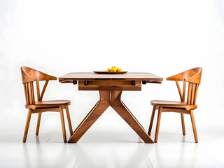 A wooden dining table set is pictured, isolated on a white background. The set includes a table and chairs.
