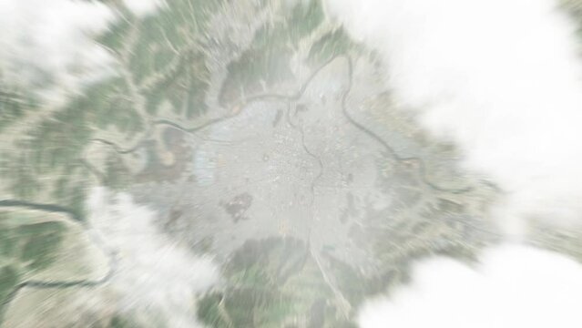 Earth zoom in from space to Daegu, South Korea. Followed by zoom out through clouds and atmosphere into space. Satellite view. Travel intro. Images from NASA