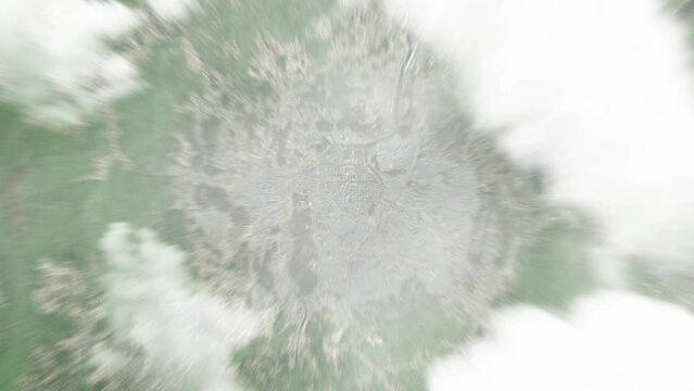 Earth zoom in from space to Daejeon, South Korea. Followed by zoom out through clouds and atmosphere into space. Satellite view. Travel intro. Images from NASA