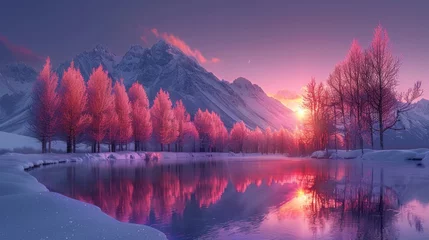 Cercles muraux Réflexion A tranquil lake reflecting snowcovered trees and mountains under a sunset sky