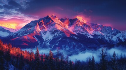 Snowcovered mountain at sunset with a foreground forest in a highland landscape - obrazy, fototapety, plakaty