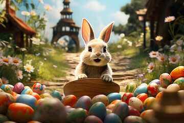Easter bunny with colorful eggs on meadow. 3d rendering - obrazy, fototapety, plakaty